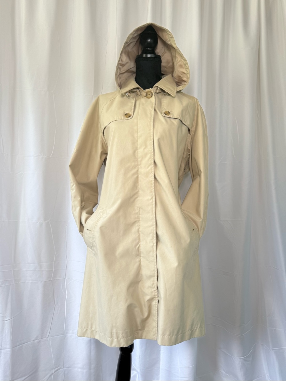 Lands End Plus XL Khaki Tan Mid Length Hooded Trench Coat Mac Raincoat EUC